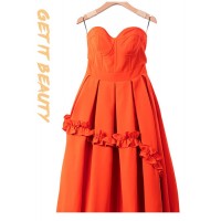 溫碧霞IRENENA服裝純色抹胸氣質褶皺夏季露肩公主連衣裙